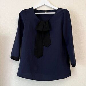 Un Deux Trois 123 Womens F  40 Navy 3/4 Sleeve Bow Neck Blouse Top Work Round